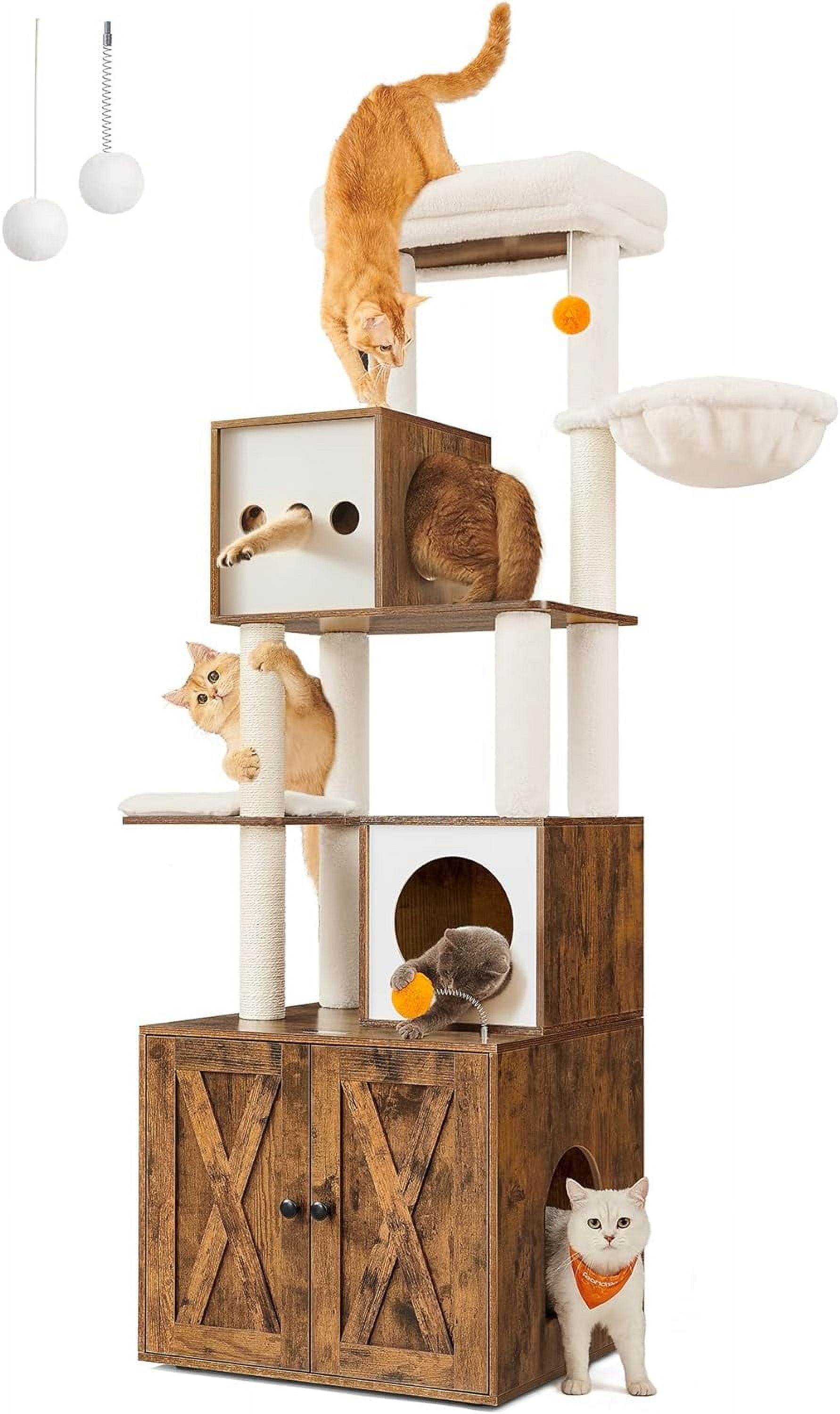 Rustic Brown Sisal Modern Cat Tree with Litter Box Enclosure