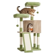 Feandrea Cat Tree Tower, 45.3-Inch Cat Condo with Scratching Post, Ramp, Perch, Spacious Cave, for Small Spaces, Grass Green and Camel Brown