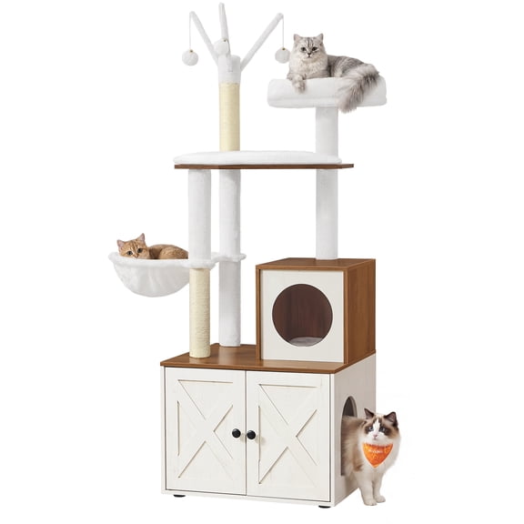 Feandrea Cat Tree with Litter Box Enclosure, 59-In Cat Tower, 2-in-1 Condo, Scratching Post, Washable Removable Cushion, Rustic White and Honey Brown