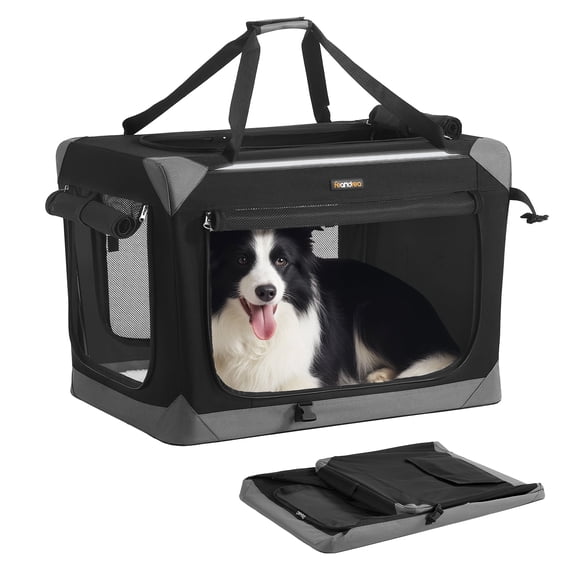 Feandrea Collapsible Dog Crate, Portable Oxford Fabric Pet Travel Crate with 4 Mesh Doors, Handles, Pockets, 30 Inches, for Medium Dogs, Ink Black and Dove Gray