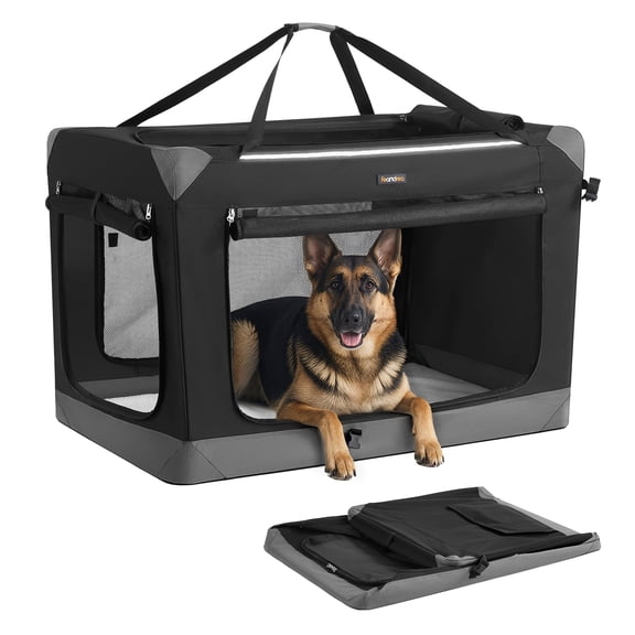 Feandrea Collapsible Dog Crate, Portable Oxford Fabric Pet Travel Crate with 4 Mesh Doors, Handles, Pockets, 42 Inches, for Large Dogs, Ink Black and Dove Gray