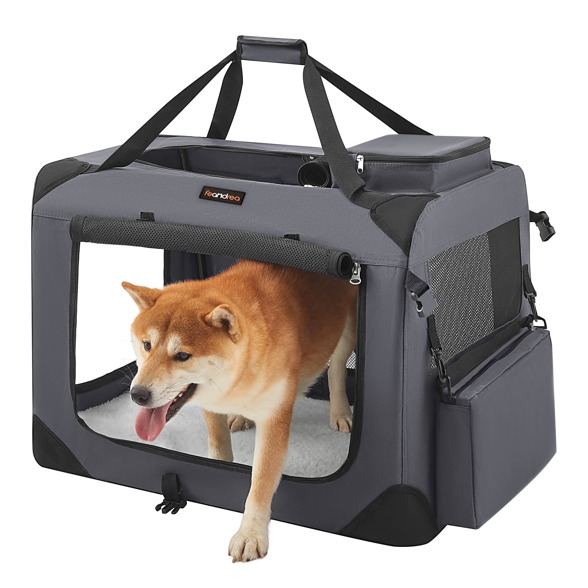 Feandrea Dog Crate, Collapsible Pet Carrier, L, Portable Soft Dog Crate, Oxford Fabric, Mesh, Metal Frame, with Handle, Storage Pockets, Gray