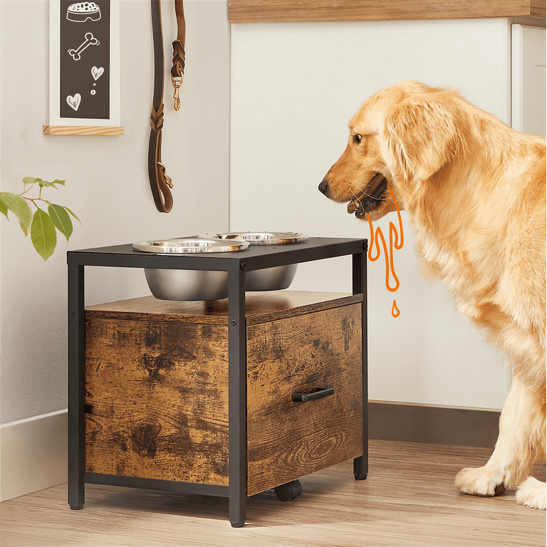 Feandrea Elevated Dog Bowls for Large Dog Dog Feeder Raised Bowl Stand with  Storage Drawer 2 Bowls Rustic Brown and Black