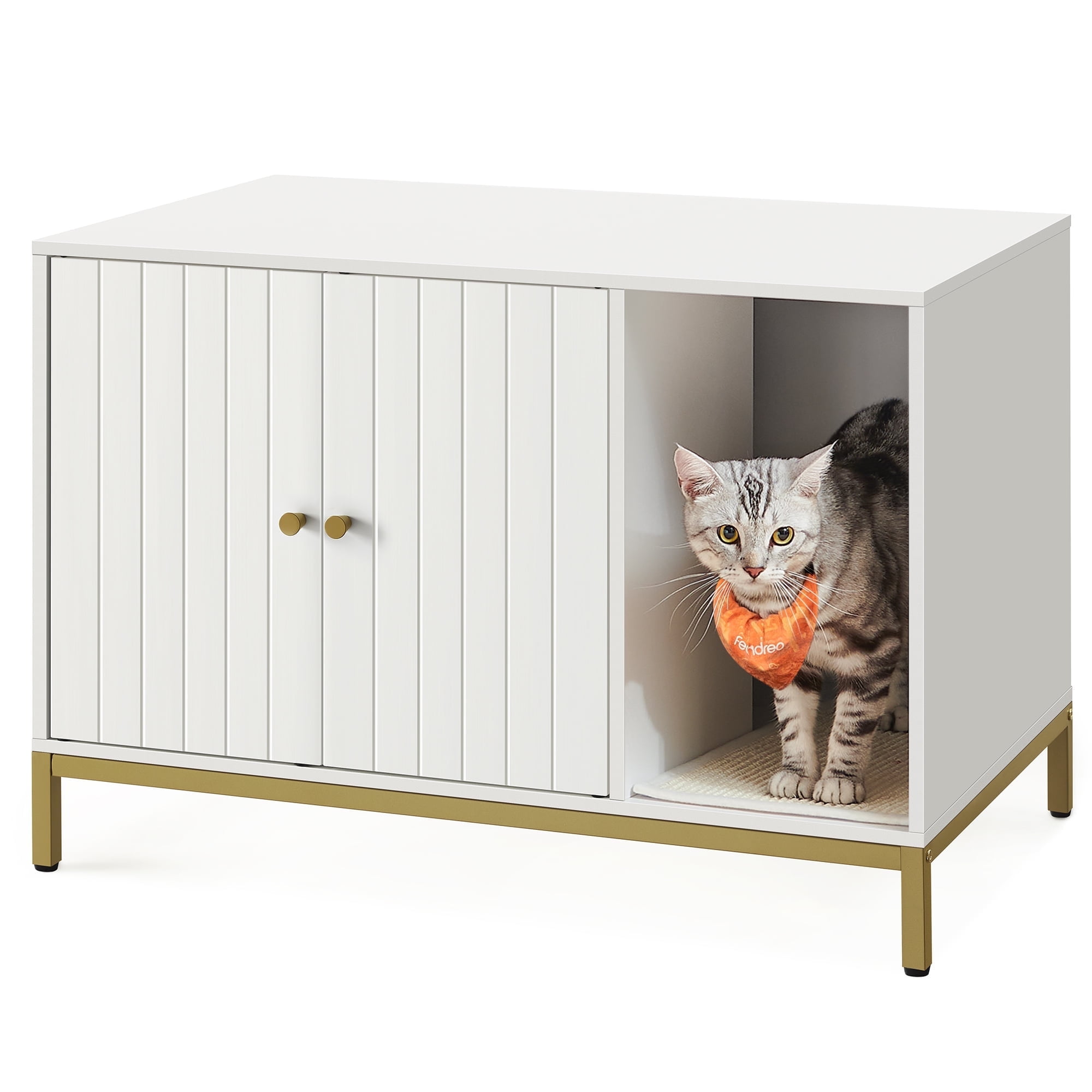 Modern White and Gold Cat Litter Box Enclosure with Scratching Mat