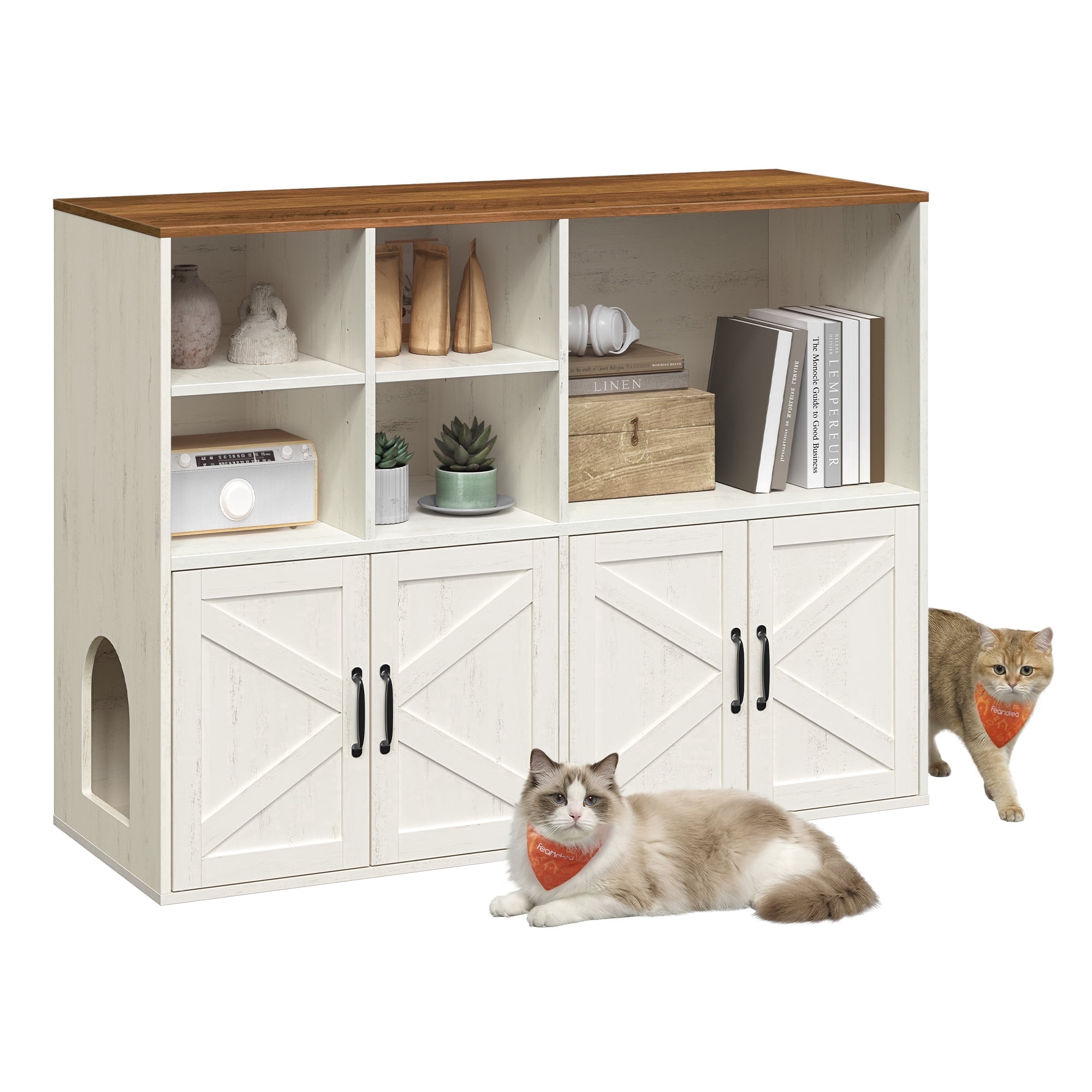 Feandrea Litter Box Enclosure for 2 Cats, Hidden Litter Box Furniture with Storage Cabinet, Double Room, Honey Brown and Rustic White