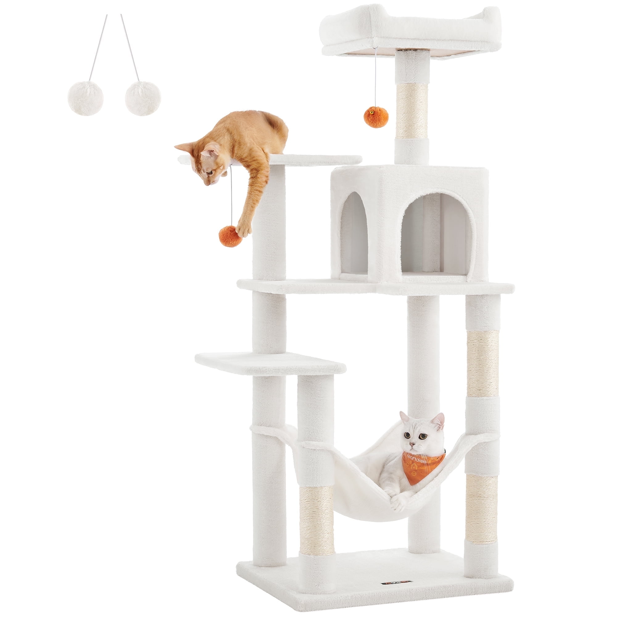 Cream White Multi-Level Cat Tree Tower with Hammock and Scratching Posts