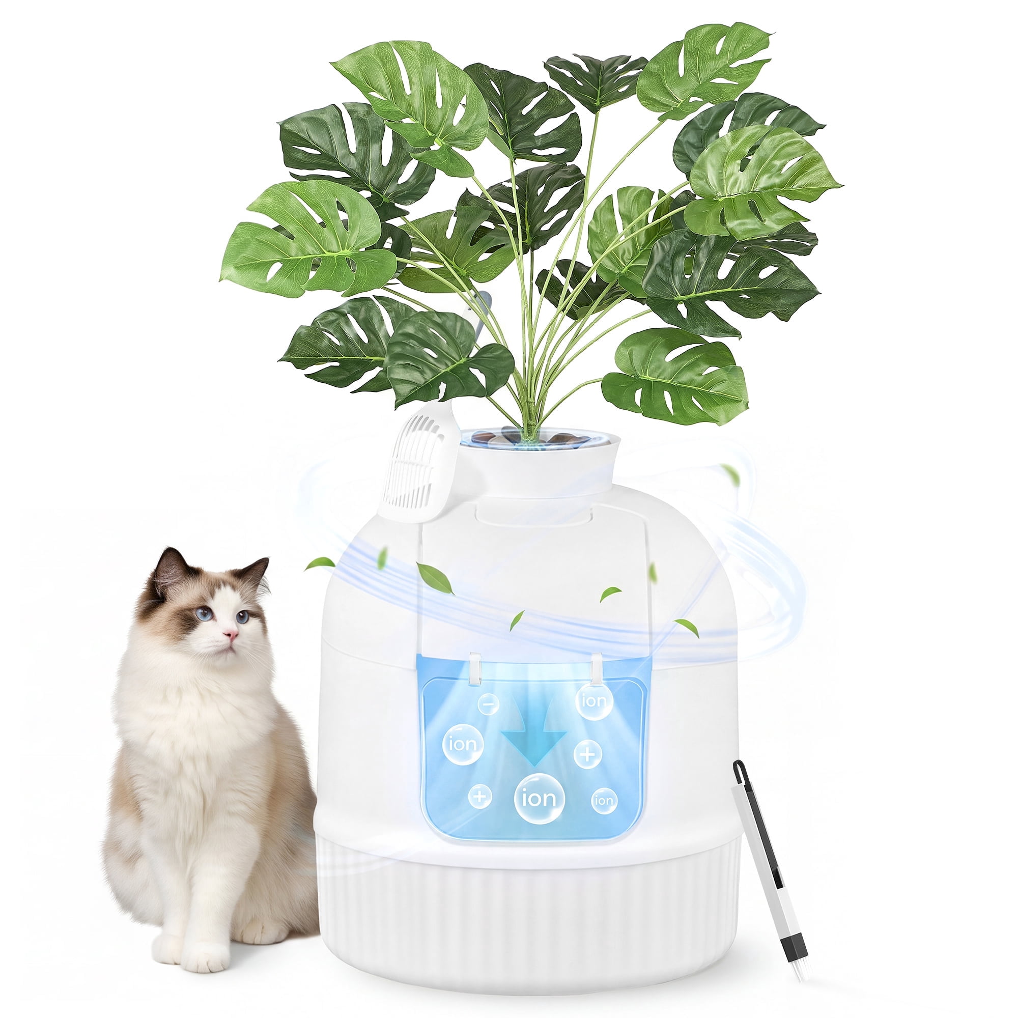 Feandrea Plant Cat Litter Box Enclosure with Artificial Plant, Enclosed Hidden Litter Box Furniture with Door, Carbon Filter, Cloud White