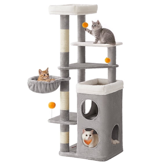 Feandrea Tall Cat Tree Tower, Multiple-Level Cat Condo with 2 Caves, 3 Scratching Posts, 3 Perches, Dove Gray
