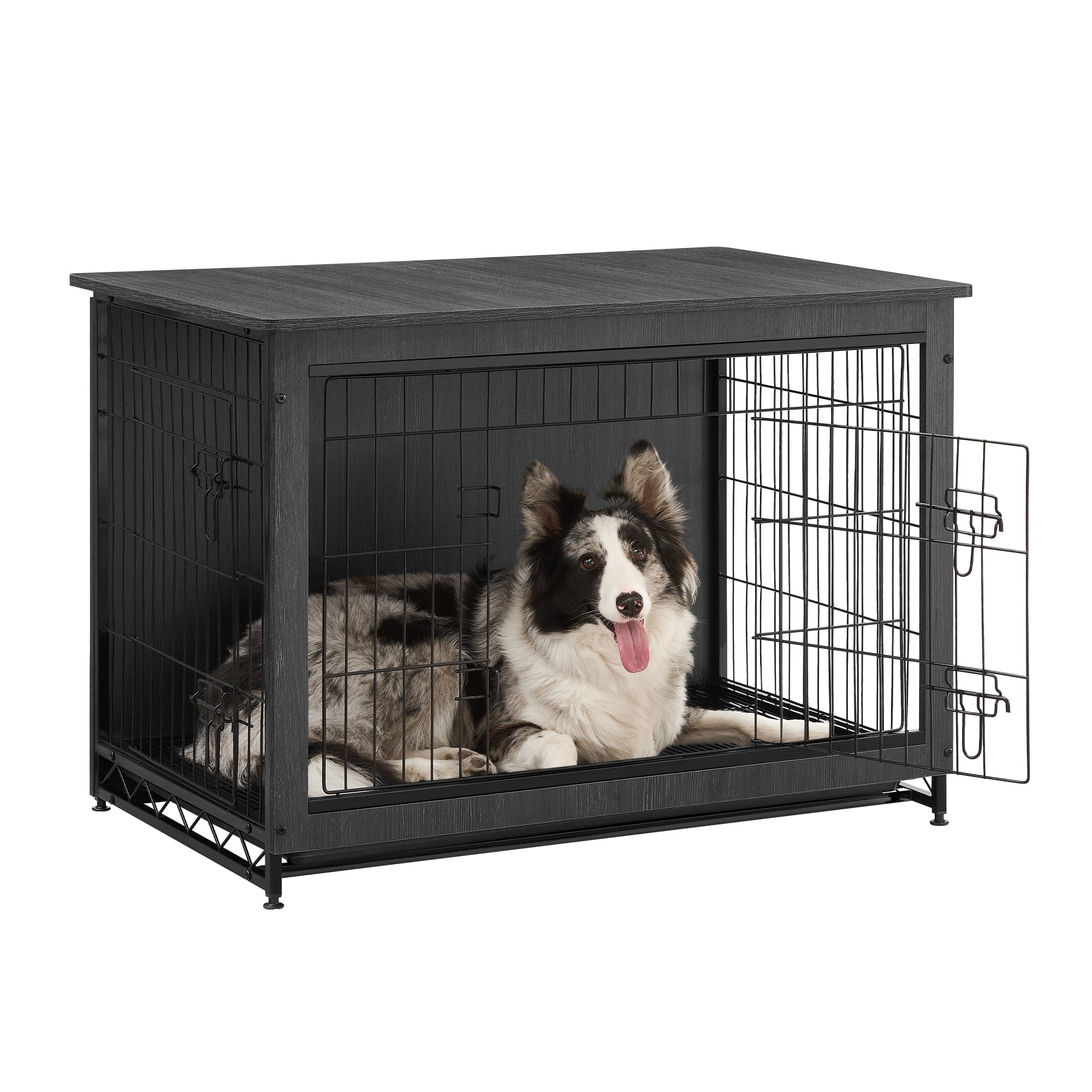 Feandrea Wooden Dog Crate Furniture,Double-Doors Kennel for Dogs Indoor up to 70 lb, Removable Tray, End Table Dog Crate for Decoration 38.6"L x 25.6"W x 26.8"H, Ink Black