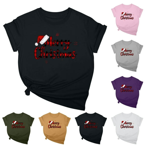 Feanecy Women's Christmas T-Shirts Trendy Letter Print Xmas Graphic Tees Comfy Loose Short Sleeve Round Neck Blouse Teen Girls Casual Holiday Tops Black L