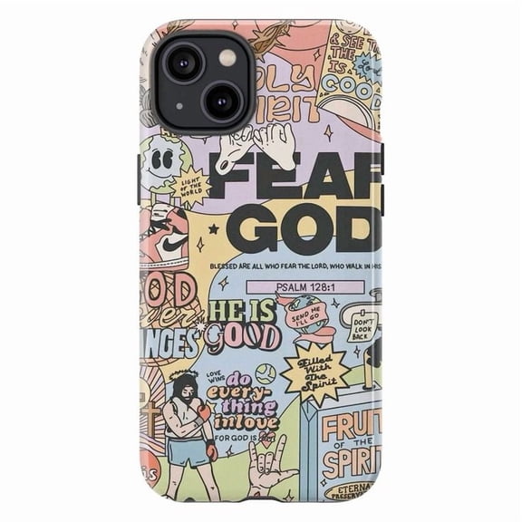 Fear God Inspirational Phone Case, Faith-Based Religious Collage Design iPhone Cover, Motivational Bible Verse Protective Case for iPhone 17 16 15 14 13 12 11 Pro Plus Mini
