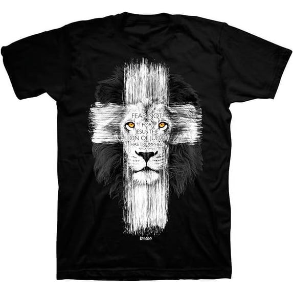 Fear Not for Jesus The Lion of Judah Has Triumphed Cross Black Cotton Crew Neck T-Shirt, Small