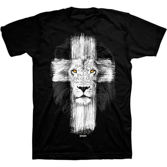 Fear Not for Jesus The Lion of Judah Has Triumphed Cross Black Cotton Crew Neck T-Shirt, Small