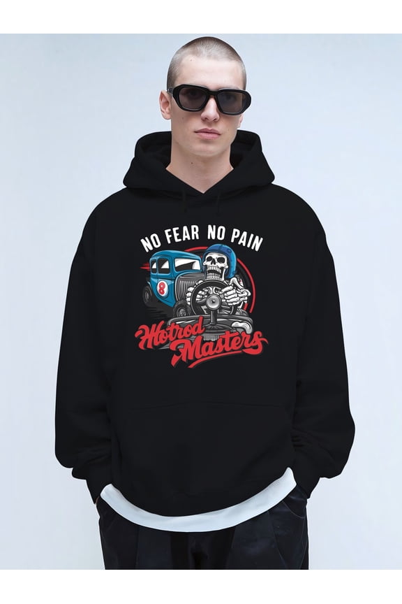 No Fear No Pain Men's Heavyweight Graphic Hooded Sweatshirt - 100% Soft Streetwear Pullover with Monster Truck & Hot Rod Design, Bold Lettering, Fall Winter Casual Warm Hoodie for Car Enthusiasts
