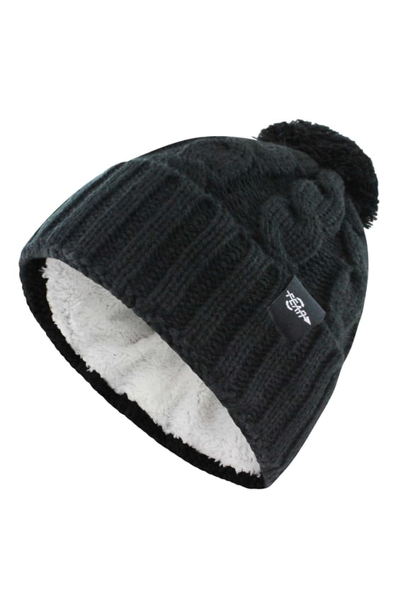 Extreme Warm Black Ribbed Plush Insulated Knit PomPom Beanie Hat for Women/Girls