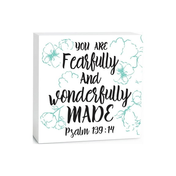 Fearfully Wonderfully Made Green Floral 5 x 5 Wood Tabletop Sign Plaque
