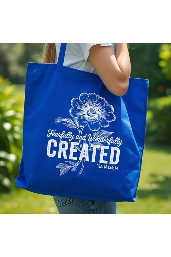 Fearfully and Wonderfully Created Bible Verse Zippered Tote Bag, Christian Floral Scriptur