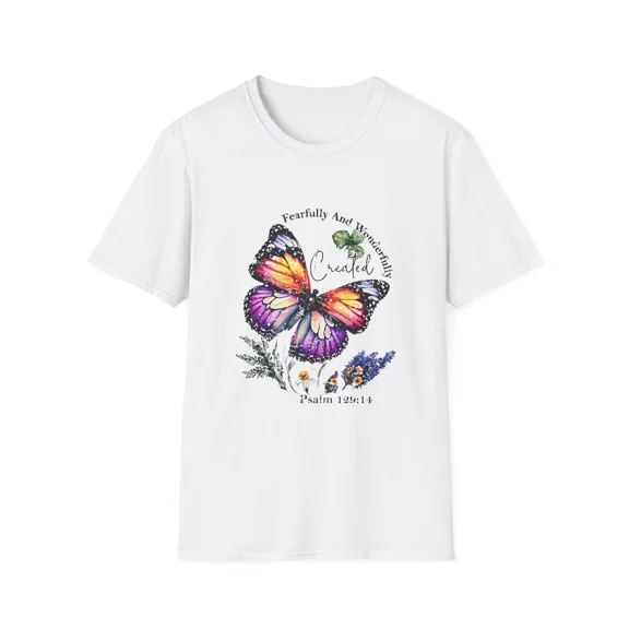Fearfully and Wonderfully Made Butterfly Inspirational Christian Design Unisex T-Shirt, up to size 5XL
