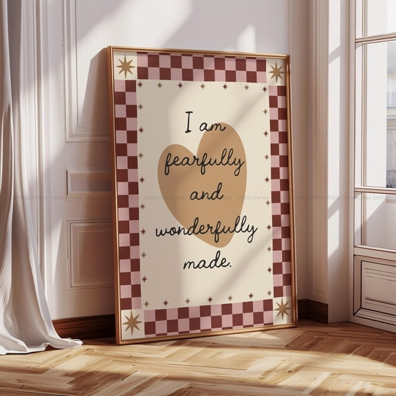 Fearfully and Wonderfully Made Wall Art Psalm 139:14 Vintage Christian Girl Nursery Print Pink and Maroon Bible Verse Room Decor Unframed Paper Print