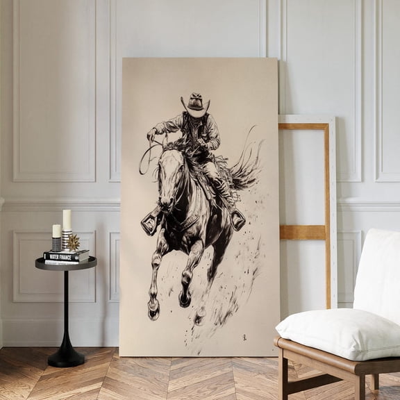 Fearless Cowboy Galloping Print - Black And White Western Wall Art - Rustic Ranch Horseback Illustration - Wild West Action Scene Wall Art, Modern Wall Decor, 8x12 UNFRAMED