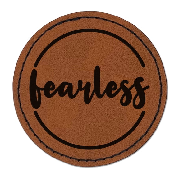 Fearless Cursive Text 2.5" Faux Leather Round Engraved Iron-On Patch - Brown
