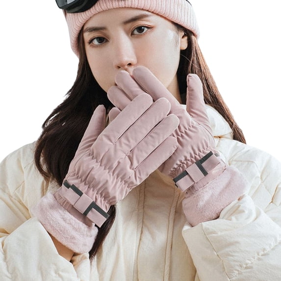 Fearlessin Woman Riding Windproofed Gloves Thick Soft Fleece Cuff Anti-slip Water Resistant Design for Cold Weather Outdoor Skiing and Cycling Pink color