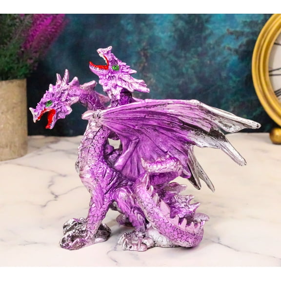 Fearsome Metallic Purple Double Headed Hydra Dragon Fantasy Figurine 4.75"H