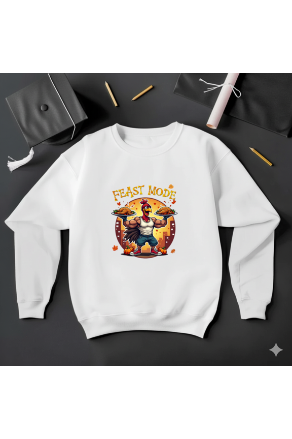 Feast Mode Funny Thanksgiving Cartoon Turkey Lifting Feast Sweatshirt, up to size 5XL