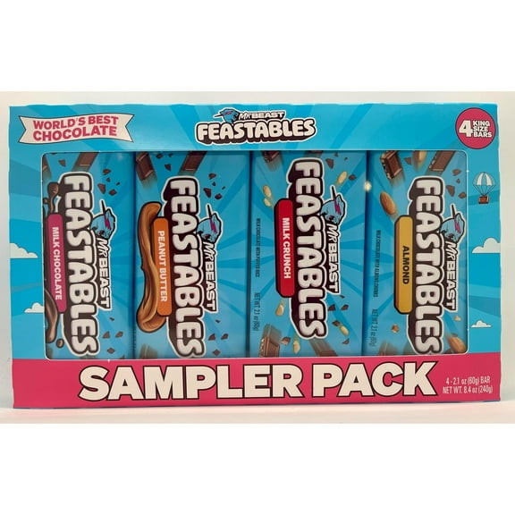 Feastables Beast Bar Milk Chocolate Sampler Pack - Milk Chocolate, Peanut Butter, Milk Crunch and Almond Beast Bars [4 - Pack] 2.1 oz (60g) Bars