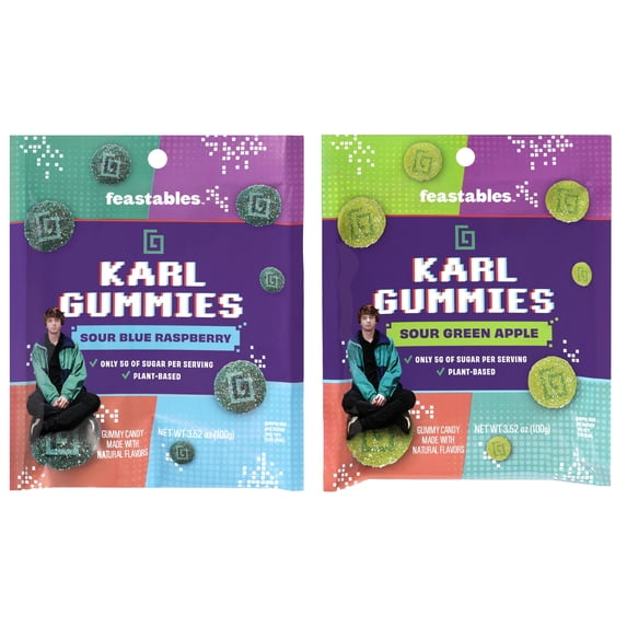 Feastables Karl Gummies Gummy Candy Sour Green Apple, Sour Blue Raspberry Two Pack 7oz Bundle (one 3.5oz bag/flavor, two bags total)