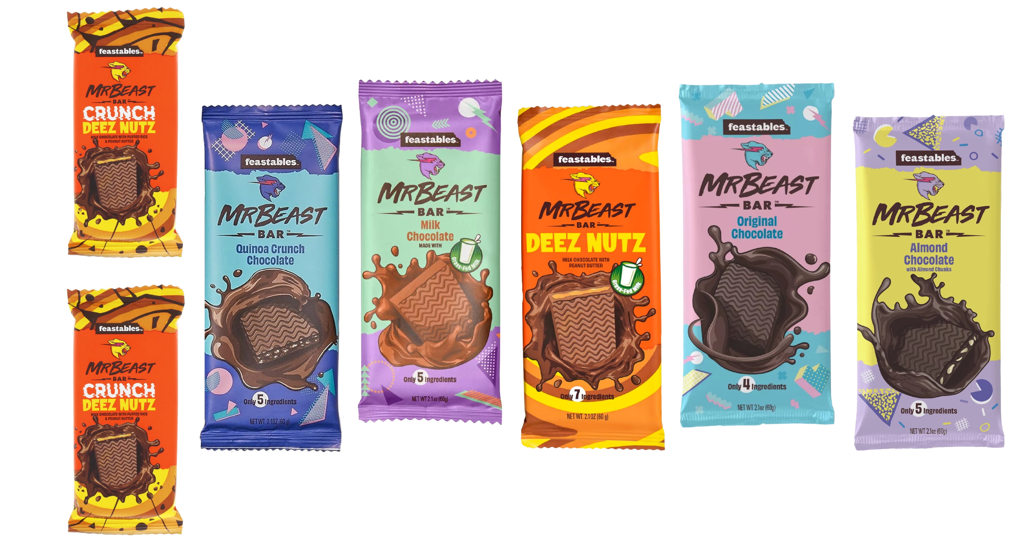 Feastables Mr Beast Chocolate Bundle: Milk, Peanut Butter, Almond,  Original, Quinoa & Crunch (7 bars, 12.9 oz) - Walmart.com