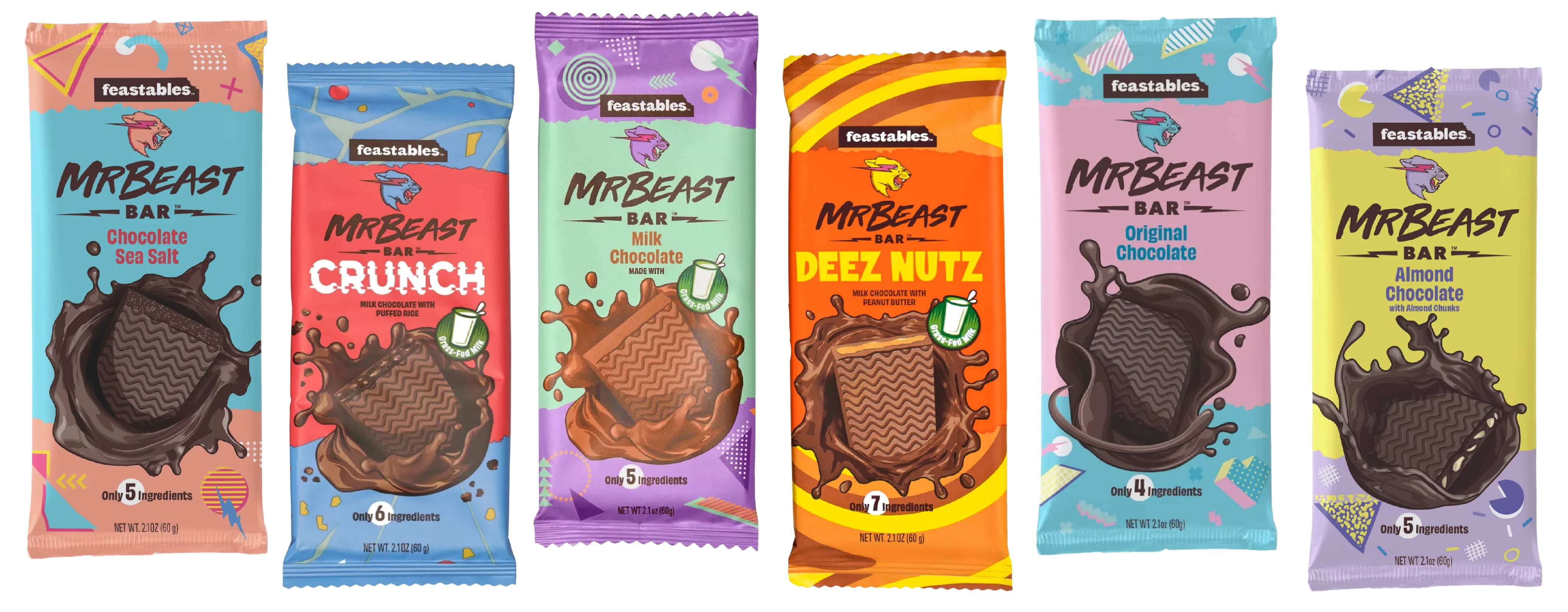 Feastables Mr Beast Chocolate Bars – NEW Crunch, Milk Chocolate, Original  Dark, Milk Chocolate, Sea Salt and Almond Chocolate Bars (5 Pack)