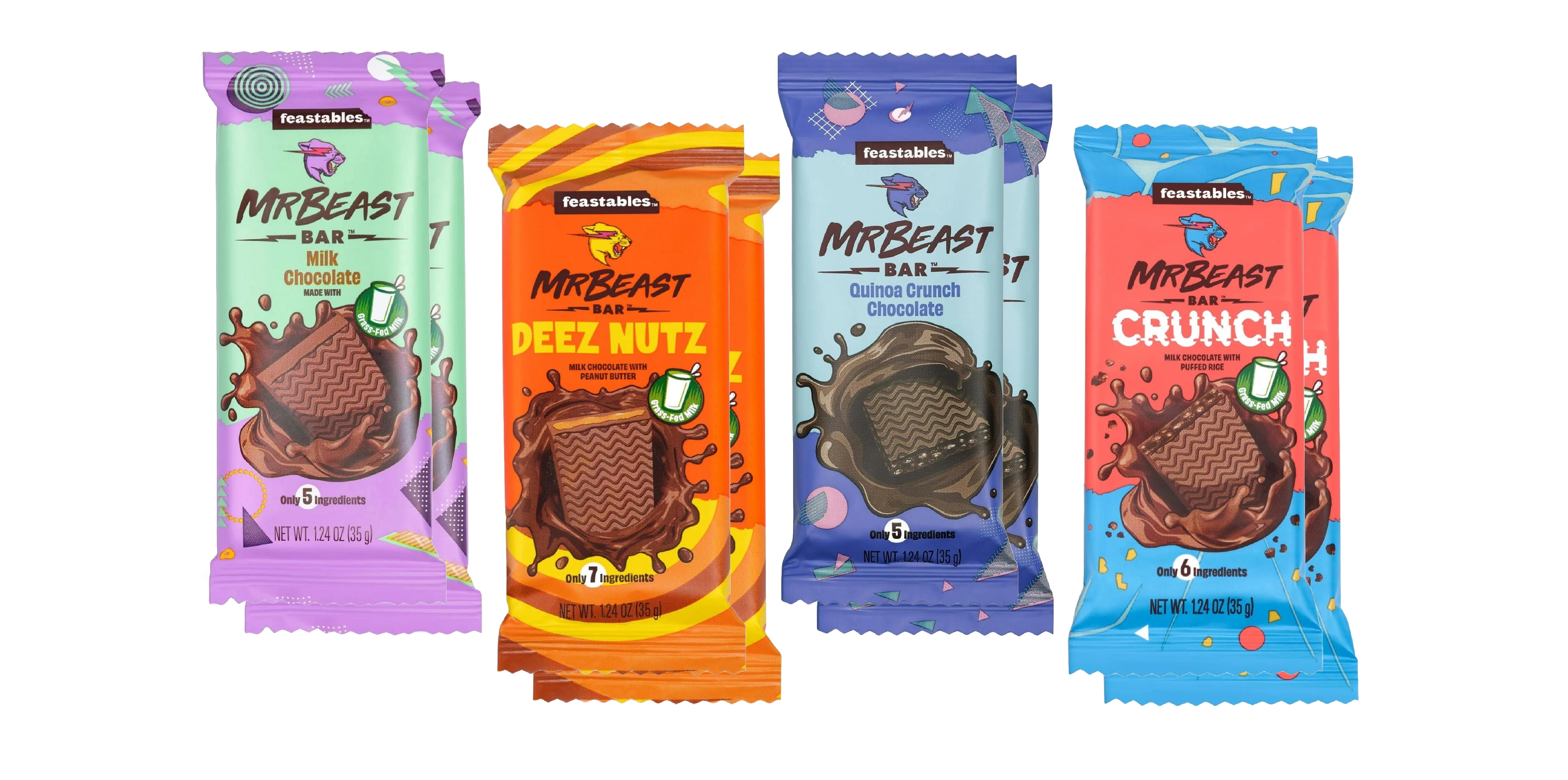 Feastables Mr Beast Milk Chocolate, Quinoa Crunch, Deez Nutz Peanut ...