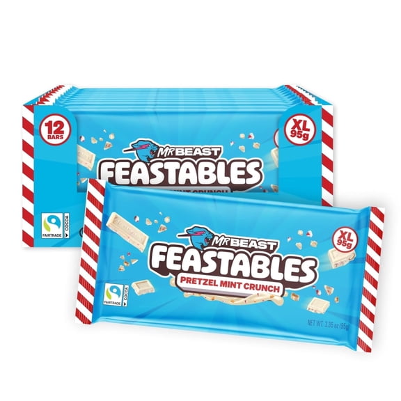 Feastables MrBeast Pretzel Mint Fudge Crunch Bar, Extra Large Size Candy Bar for Adults & Kids, Candy Bars for Snacks, Gifts, or Dessert, Made With Fairtrade Cocoa, 3.35 Oz Each, 12 Count