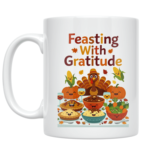 Feasting With Gratitude - Thanksgiving Celebration - 11 oz Ceramic Coffee Mug