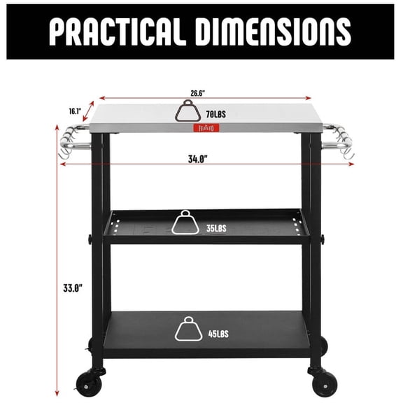 Feasto 3-Shelf Grill Table, Movable Pizza Oven Stand with Adjustable Shelves & Leak Holes, Stainless Steel Top Outdoor Bar Cart