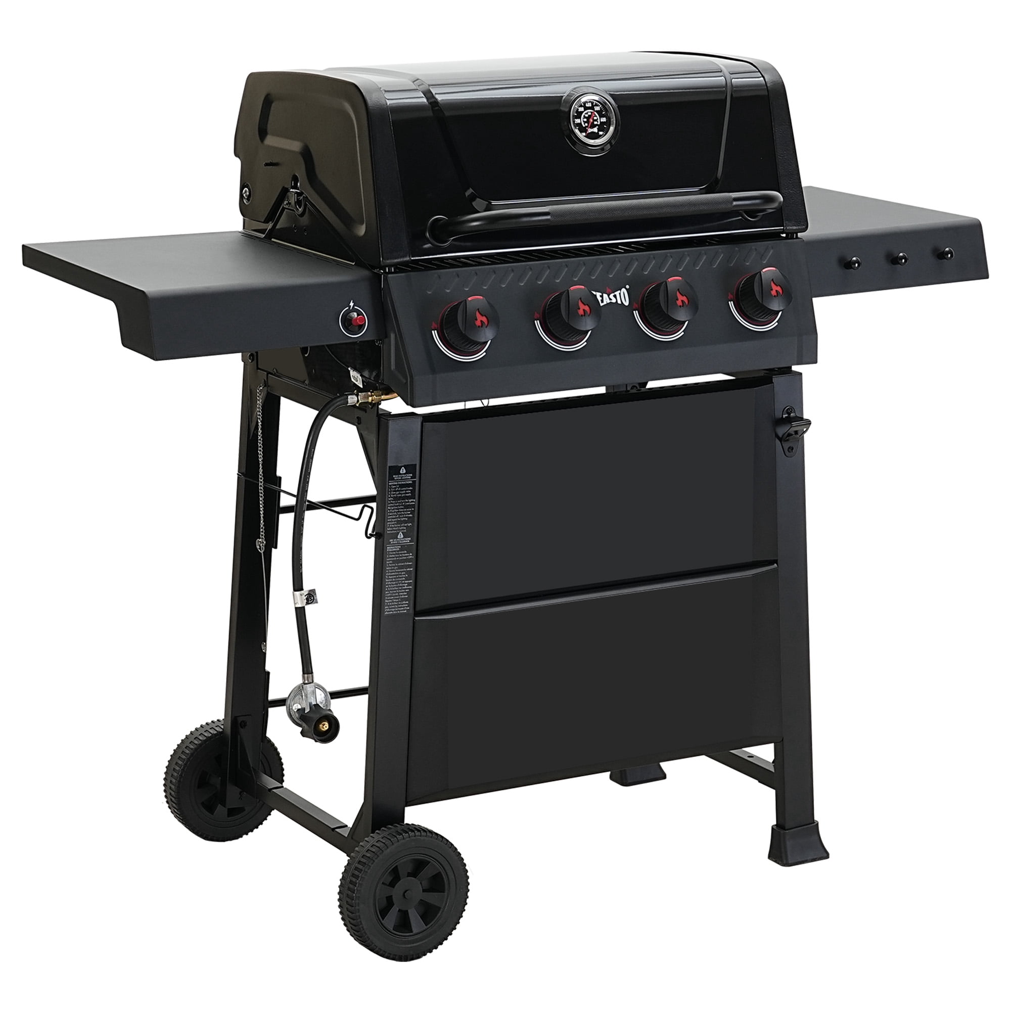 Feasto 4-Burner Propane Gas Grill, Outdoor Grill with 2 Side Tables and Porcelain-Enameled Grates, Black