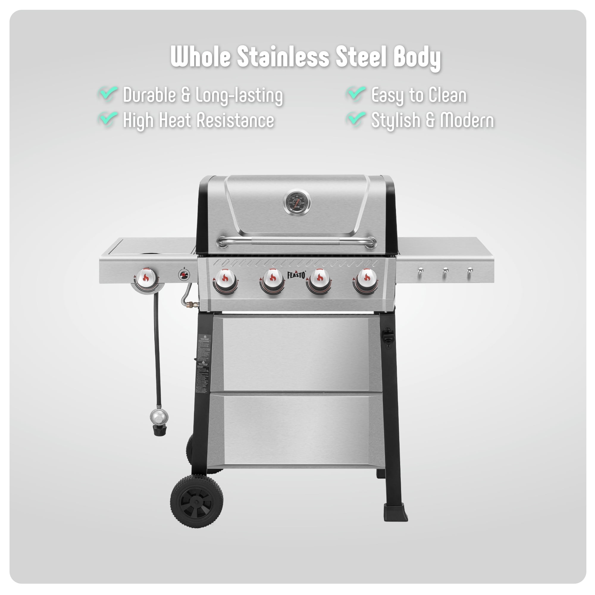 Feasto 5-Burner Propane Gas Grill, 48000 BTU Whole Stainless Steel Outdoor Grill with 2 Side Tables, Silver