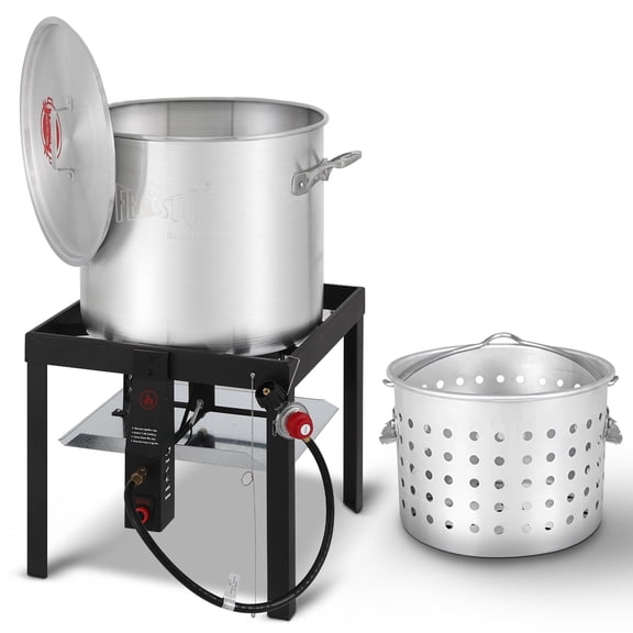 FEASTO 60QT Crawfish Boiler Kit, Seafood Boil Pot, 100000BTU Propane Burner, Aluminum Seafood Boil Pot With Basket, Electronic Ignitor, Ergonomic Handle, Seafood and Crawfish Boiler