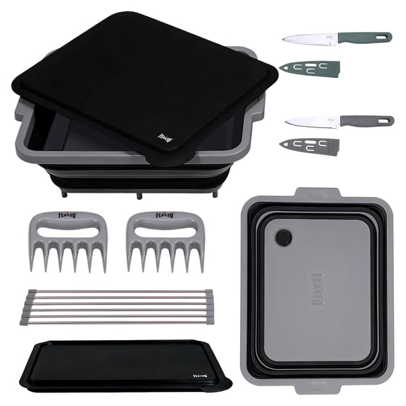 Feasto 9-Piece Multifunctional Collapsible BBQ Prep Tub | Grill Station with Cutting Board, Knives, Meat Claws for Camping, RV & Kitchen