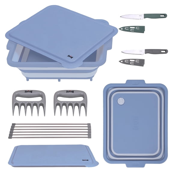 Feasto 9-Piece Multifunctional Collapsible BBQ Prep Tub | Grill Station with Cutting Board, Knives, Meat Claws for Camping, RV & Kitchen