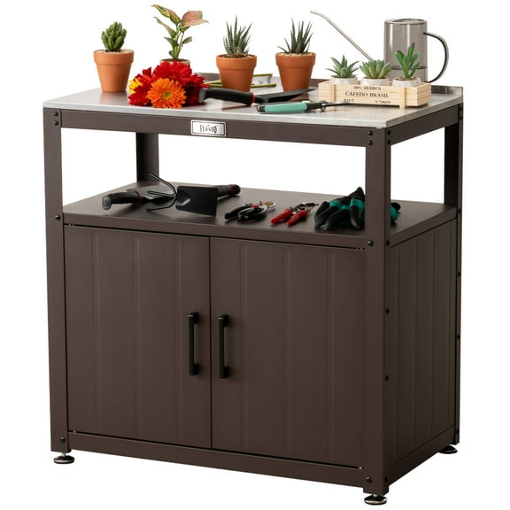 Feasto Garden Potting Bench with Storage Cabinet,Outdoor Gardening Table & Work Bench for Plants, Horticulture,Outdoor Workstation with Stainless Steel Tabletop,Outdoor Work Table,Brown