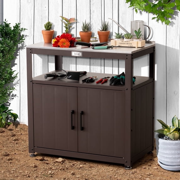 Feasto Garden Potting Bench with Storage Cabinet,Outdoor Gardening Table & Work Bench for Plants, Horticulture,Outdoor Workstation with Stainless Steel Tabletop,Outdoor Work Table,Brown