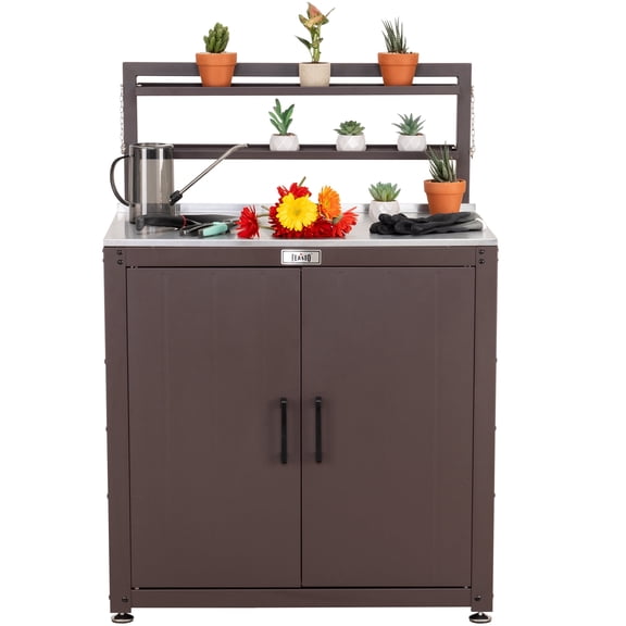 Feasto Garden Potting Bench with Storage Cabinet,Outdoor Gardening Table & Work Bench for Horticulture,Brown