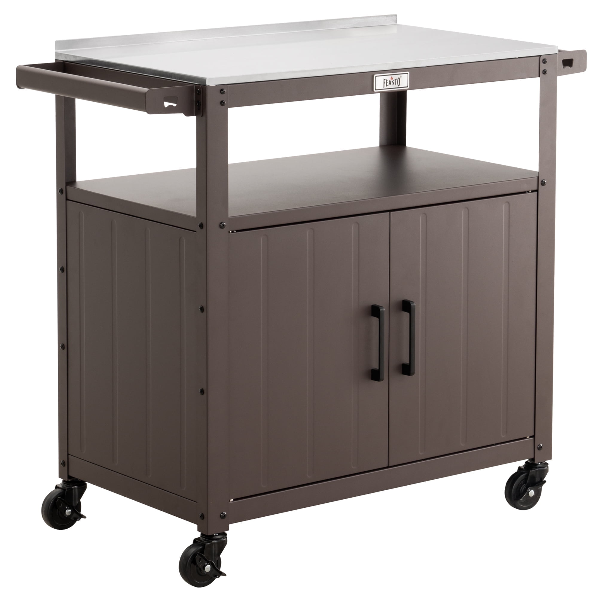 Feasto Outdoor Grill Cart with Stainless Steel Tabletop, Storage Cabinet, Wheels