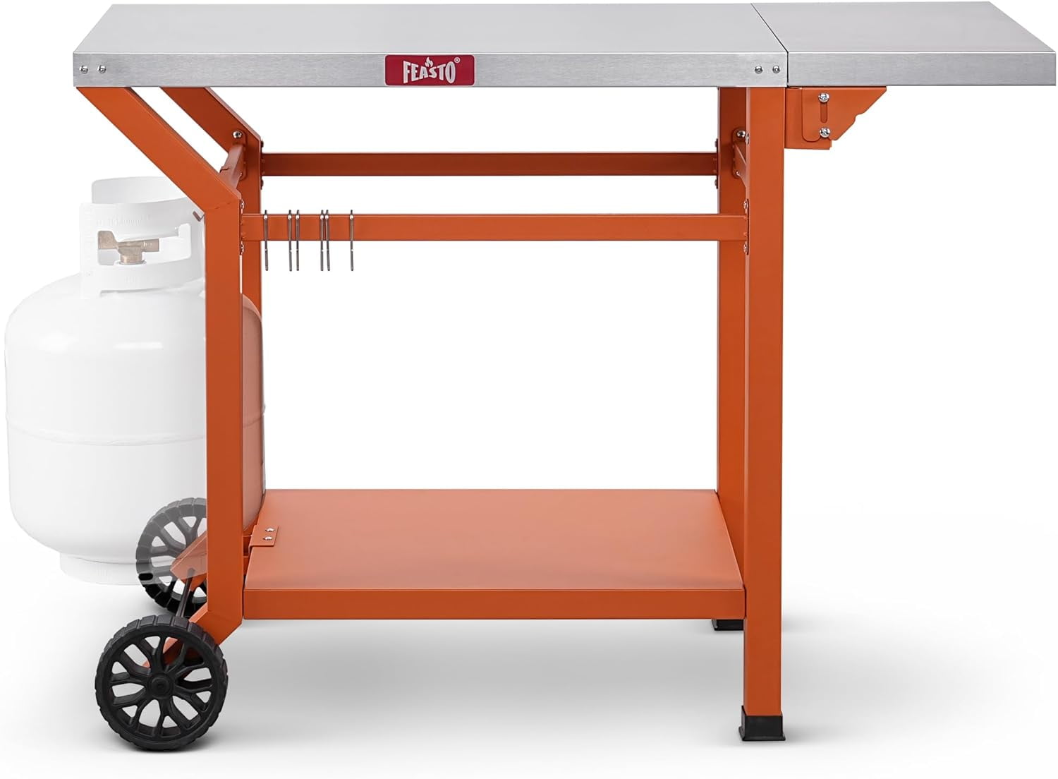 Feasto Outdoor Grill Table, 40x20, Movable Pizza Oven Table with Wheels, Stainless Steel Countertop Grill Cart with Storage Shelf & Foldable Extension Table, 6 Extra Hook,Orange