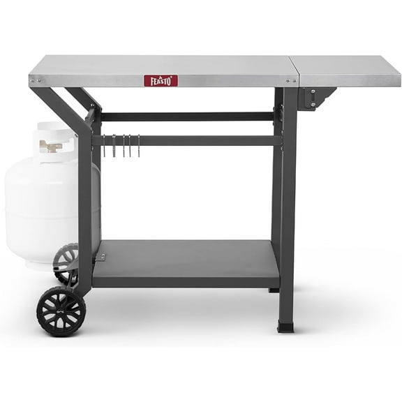 Feasto Outdoor Grill Table, 40’’x20’’, Movable Pizza Oven Table with Wheels, Stainless Steel Countertop Grill Cart with Storage Shelf & Foldable Extension Table, 6 Extra Hooks,for BBQ Food Prep