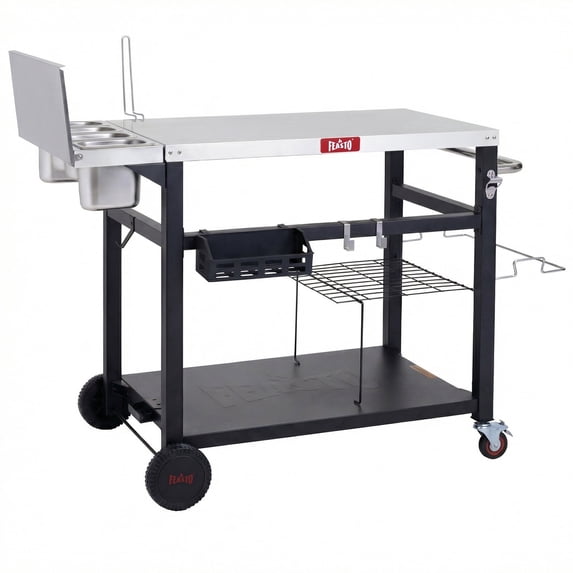 Feasto Pizza Oven Table, Stainless Steel Top, 4 Upgraded Containers, Lockable Wheels & All-in-One Prep & Storage System