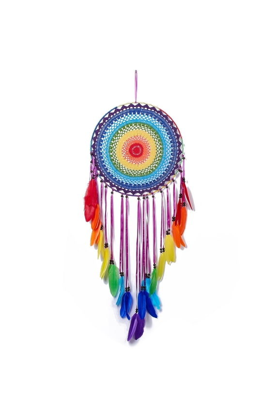 Feather 2 pc Native style Iron Ring Woven Net/Web with Feather Wall Hanging Decoration with Wooden Beads & Satin/Cotton Thread for Home Offices Amulet Ornament Colorful