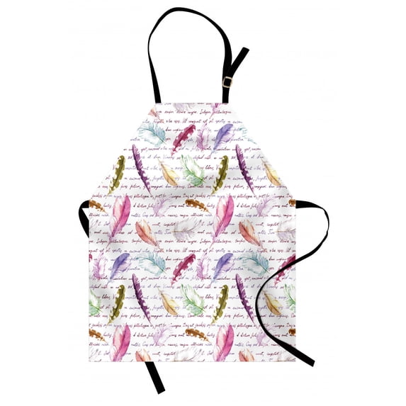 Feather Apron Colorful Feathers and Hand Written Text Romantic Artful Retro Style Antique Design, Unisex Kitchen Bib Apron with Adjustable Neck for Cooking Baking Gardening, Multicolor, by Ambesonne